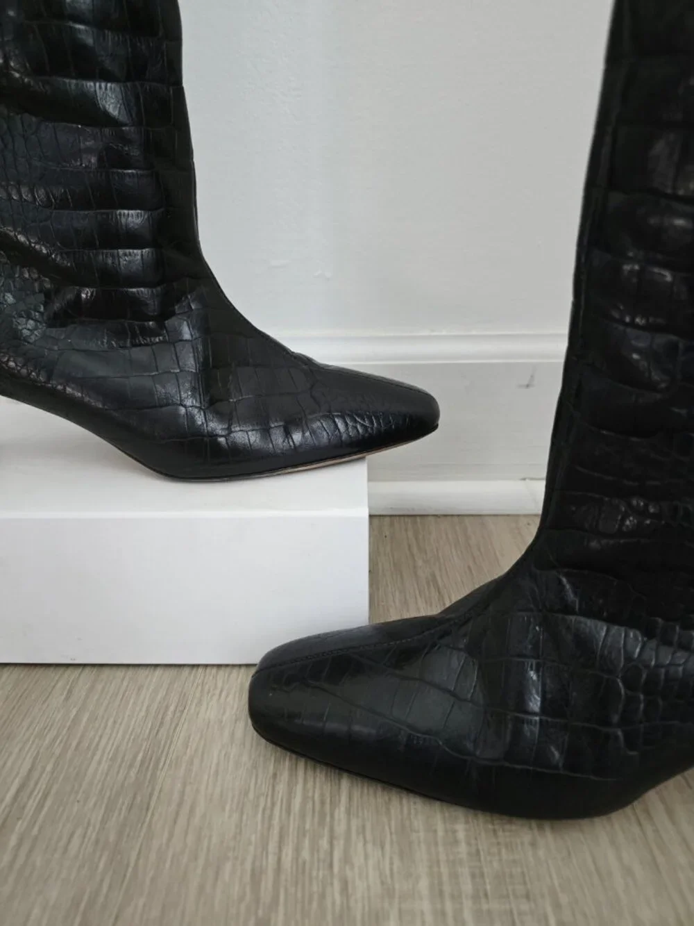 Anine Bing Felicia Croc Embossed Tall Knee Heeled Boots 41 11 Black Leather
